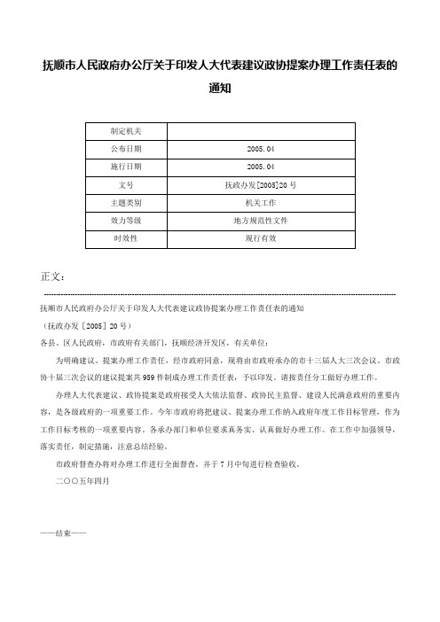 抚顺市人民政府办公厅关于印发人大代表建议政协提案办理工作责任表的通知-抚政办发[2005]20号