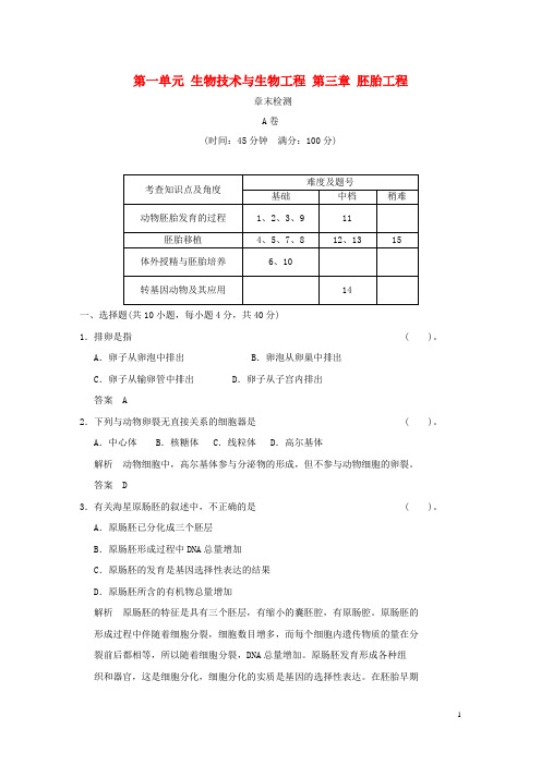 2017_2018年高中生物第一单元生物技术与生物工程第三章胚胎工程章末检测中图版选修3