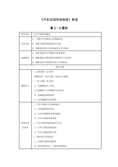 汽车空调系统检修全套教案完整版授课电子教案整本书电子教学讲义(最新