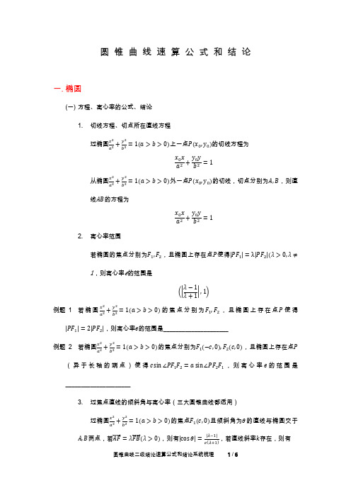 圆锥曲线二级结论速算公式和结论系统梳理 word版