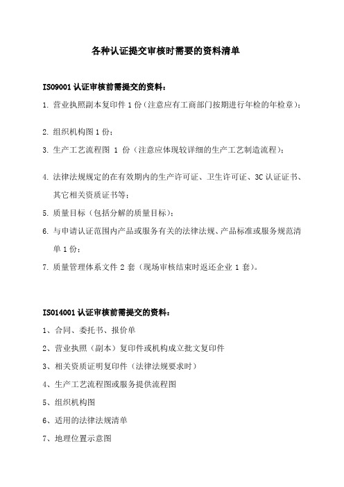 各种认证审核前需提交的材料清单