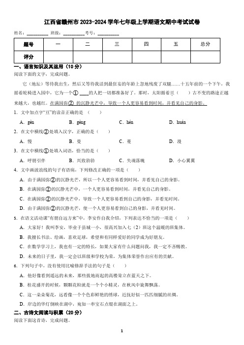 江西省赣州市2023-2024学年七年级上学期语文期中考试试卷(含答案)