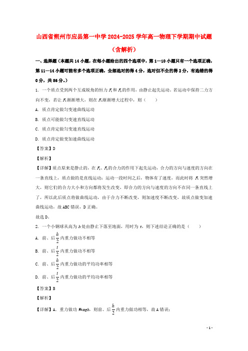 山西省朔州市应县第一中学2024_2025学年高一物理下学期期中试题含解析