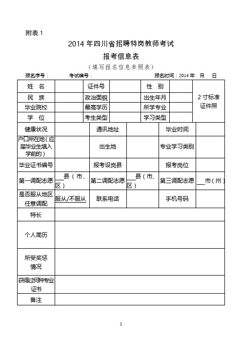 附表1：2014年四川省招聘特岗教师考试报考信息表