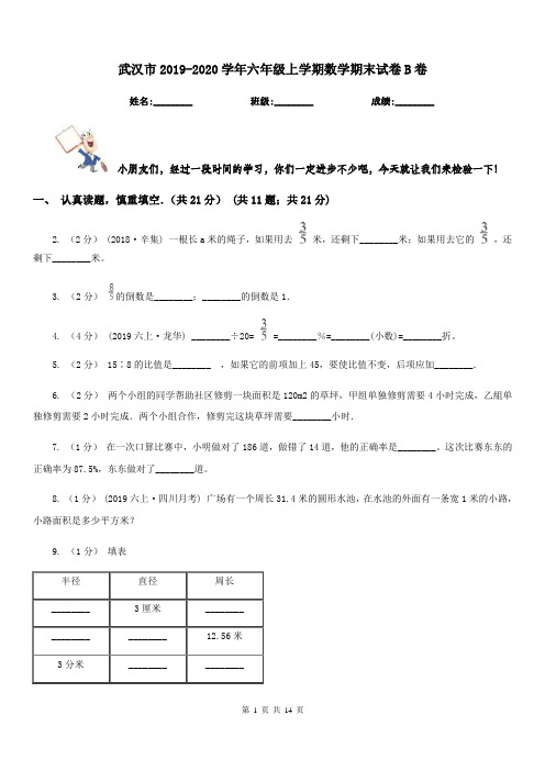 武汉市2019-2020学年六年级上学期数学期末试卷B卷