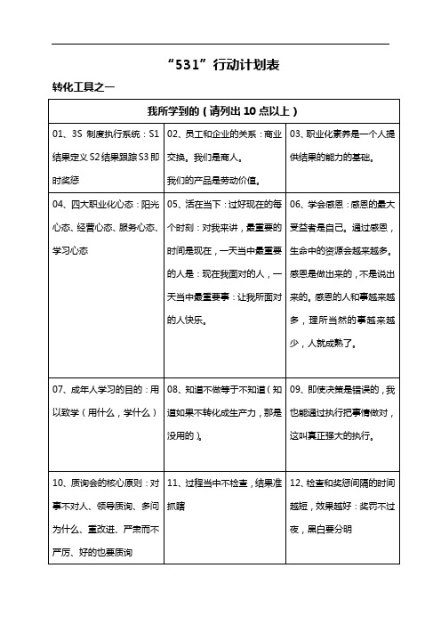 《职业化素养与高效执行》531行动计划表