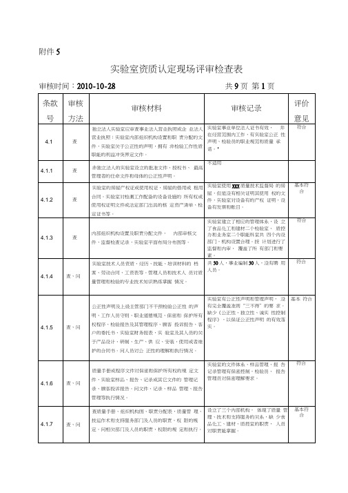 实验室资质认定现场评审检查表