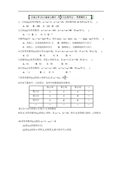 陕西省榆林市府谷三中2012届高三数学一轮复习反馈作业：等差数列(2)