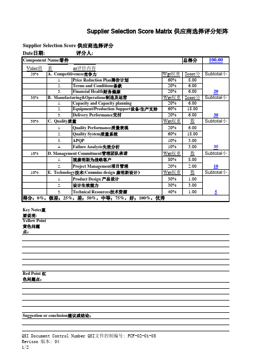 供应商选择评分矩阵 FCF-02-01-05