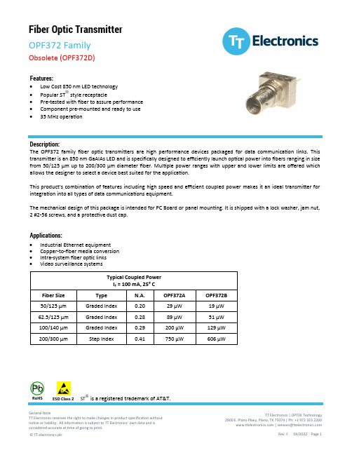 TT Electronics OPF372家族光纤传输器（OPF372D）商品说明书