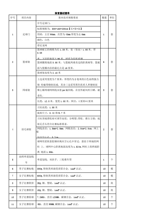 体育器材清单