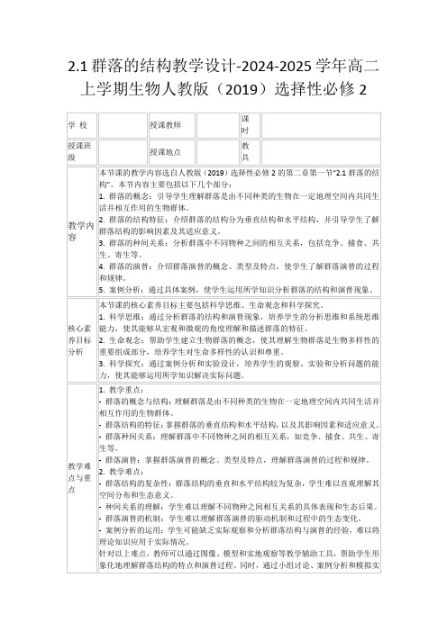 2.1群落的结构教学设计-2024-2025学年高二上学期生物人教版(2019)选择性必修2