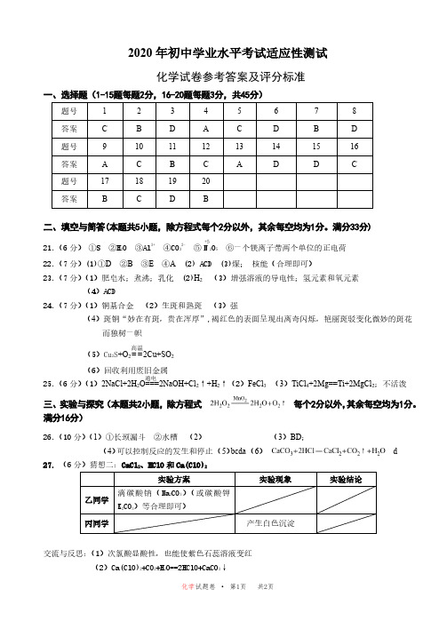 2020年适应性测试化学答案