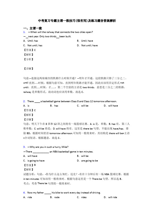 中考复习专题主谓一致技巧(很有用)及练习题含答案解析