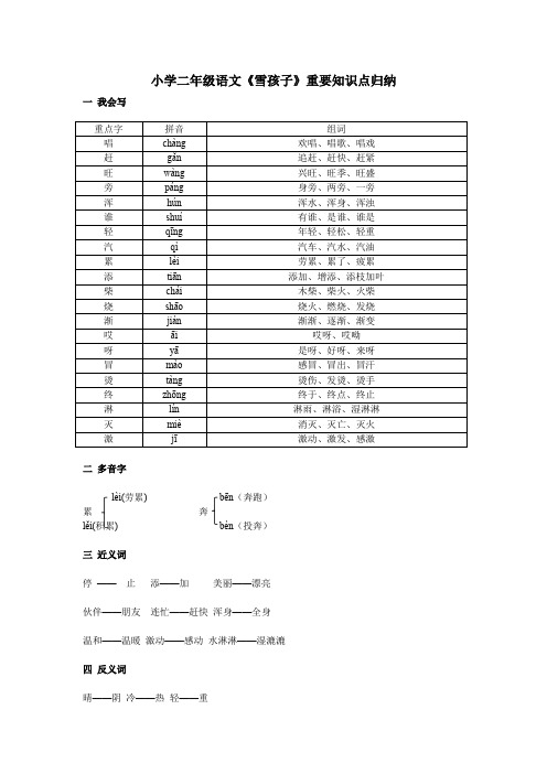 小学二年级语文《雪孩子》重要知识点归纳