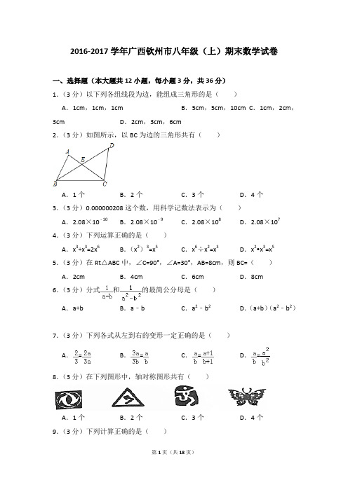 2016-2017年广西钦州市八年级(上)期末数学试卷含参考答案