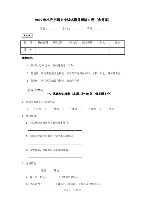 2020年小升初语文考试试题外研版C卷 (含答案)