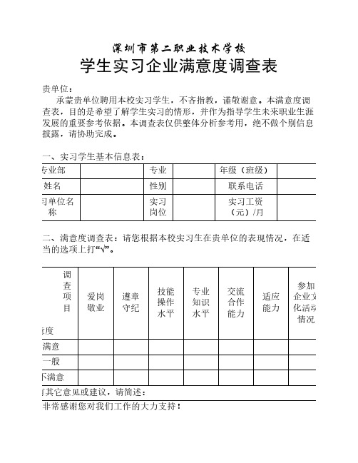 学生实习企业满意度调查表