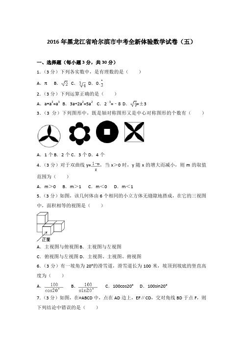 【真卷】2016年黑龙江省哈尔滨市中考全新体验数学试卷及解析PDF(五)