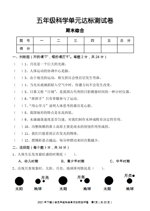 教科版小学科学五年级上册单元达标测试卷(五)(含答案)