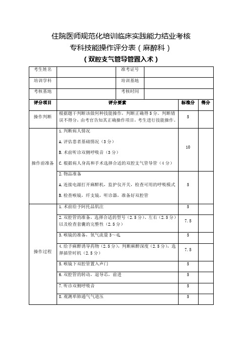 住院医师规范化培训临床实践能力结业考核专科技能操作评分表(麻醉科)双腔支气管导管置入术