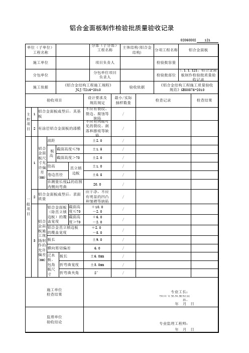 铝合金面板制作检验批质量验收记录