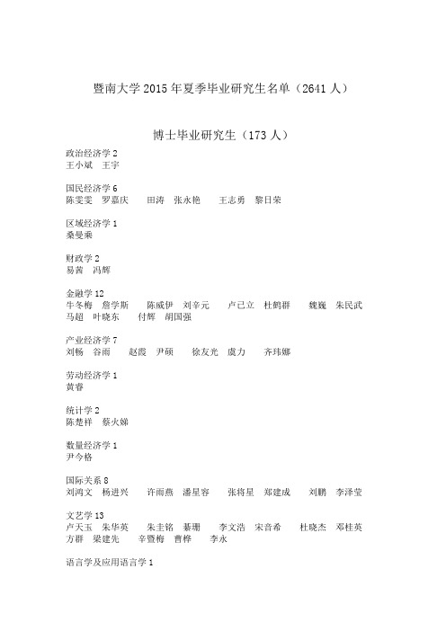 暨南大学2015年度夏季毕业研究生名单(2641人)