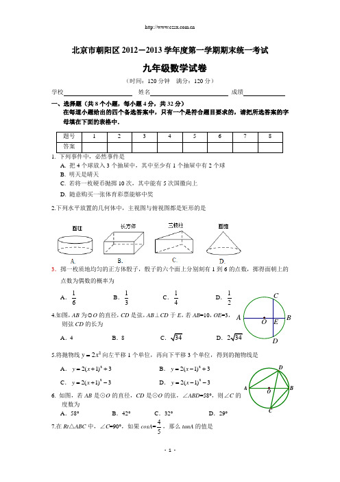 北京市朝阳区2012-2013学年度九年级(上)期末统一考试数学试卷(含答案)