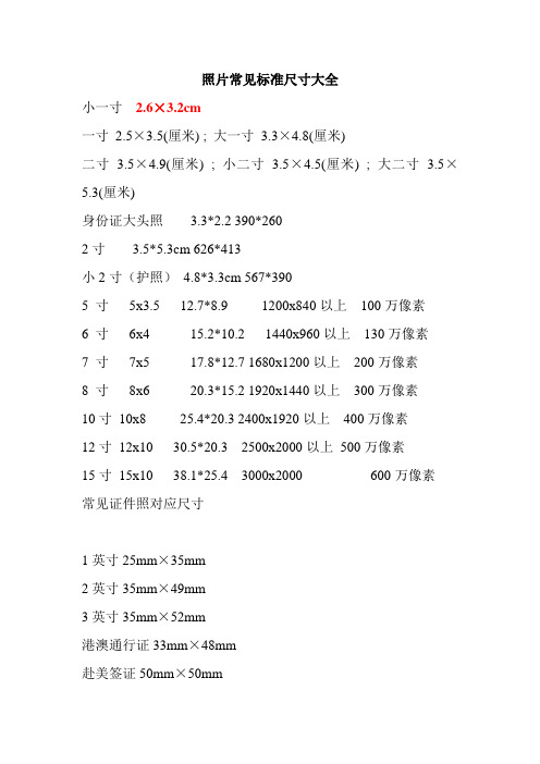 照片常见标准尺寸大全