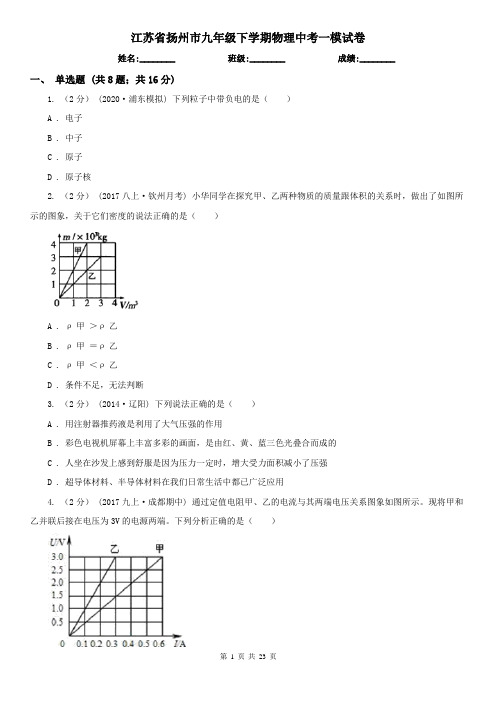 江苏省扬州市九年级下学期物理中考一模试卷