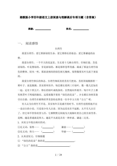 湘教版小学四年级语文上册阅读与理解课后专项习题(含答案)