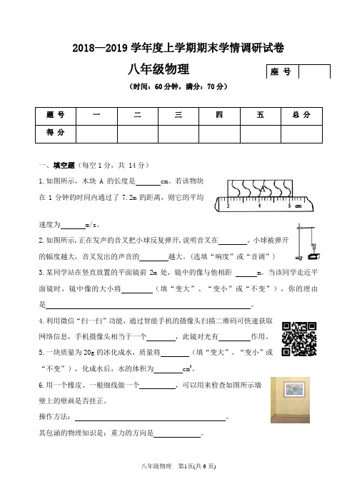 2018—2019学年度上学期期末八年级物理学情调研试卷