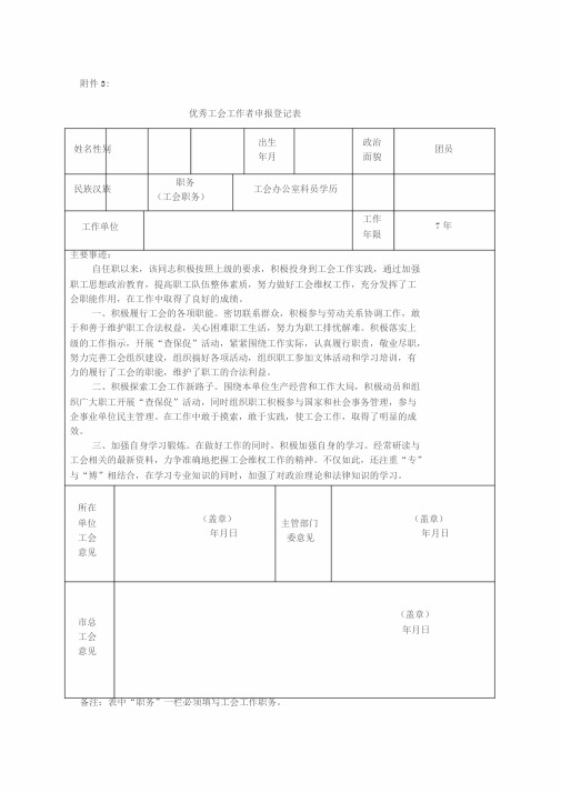 优秀工会工作者申报登记表