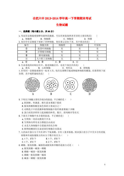 安徽省合肥六中高一生物下学期期末考试试题(1)