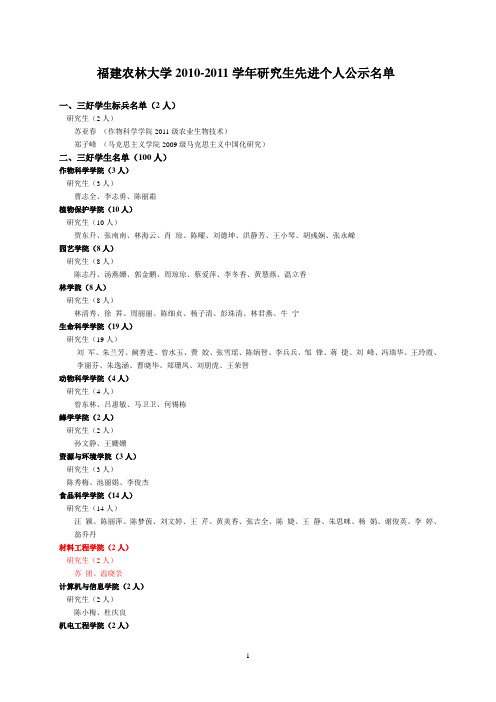 福建农林大学2010-2011学年研究生先进个人公示名单