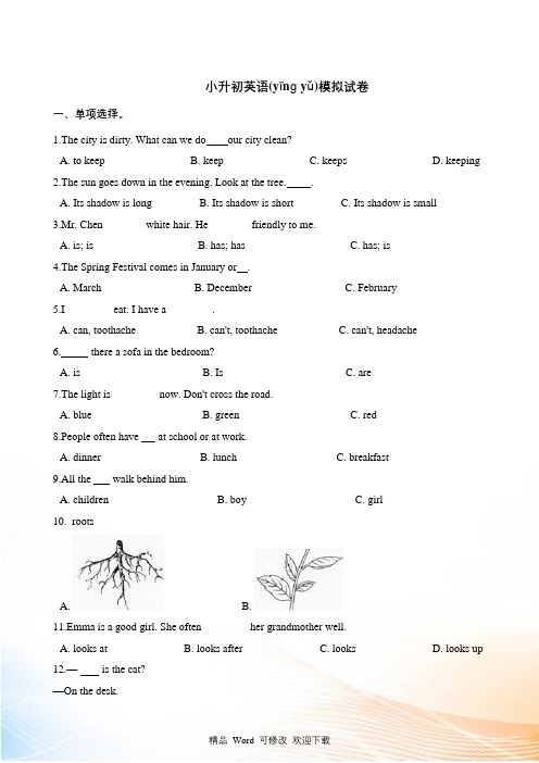 人教PEP年小升初英语模拟试卷 (含答案)