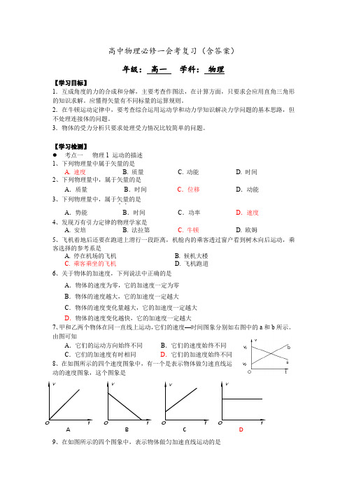 (完整版)高中物理必修一会考复习试题含答案