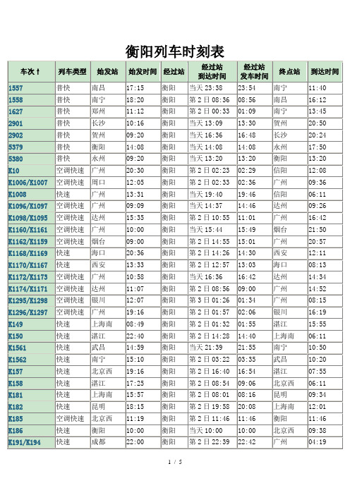 衡阳列车时刻表