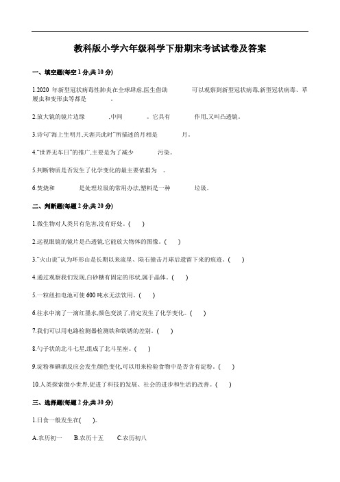 教科版小学六年级科学下册期末考试试卷及答案