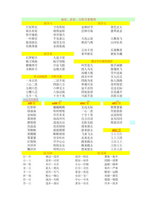 新课标人教版小学二年级语文上册词语日积月累知识归纳(总复习)