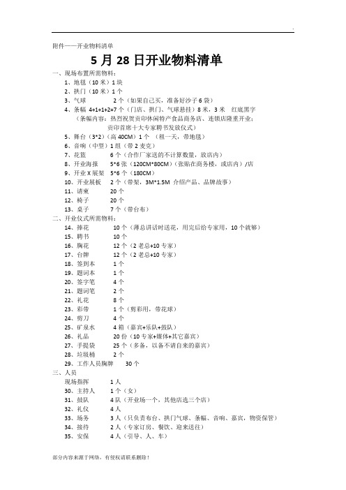 开业物料准备清单