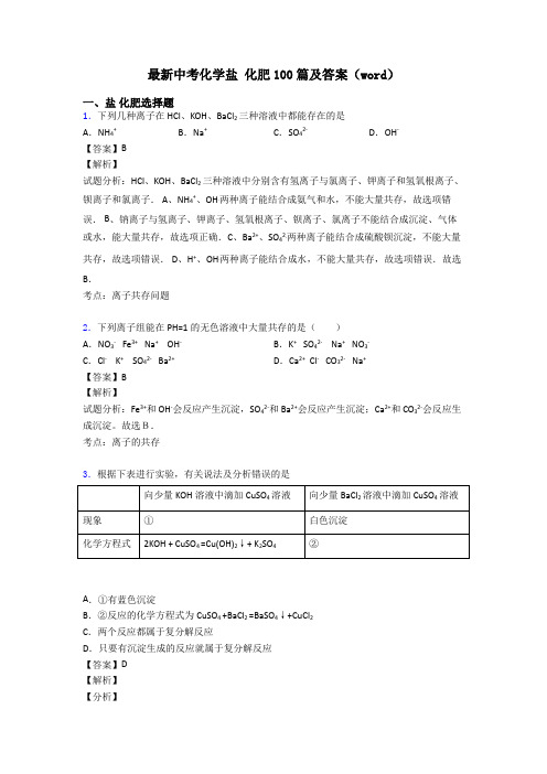 最新中考化学盐 化肥100篇及答案(word)