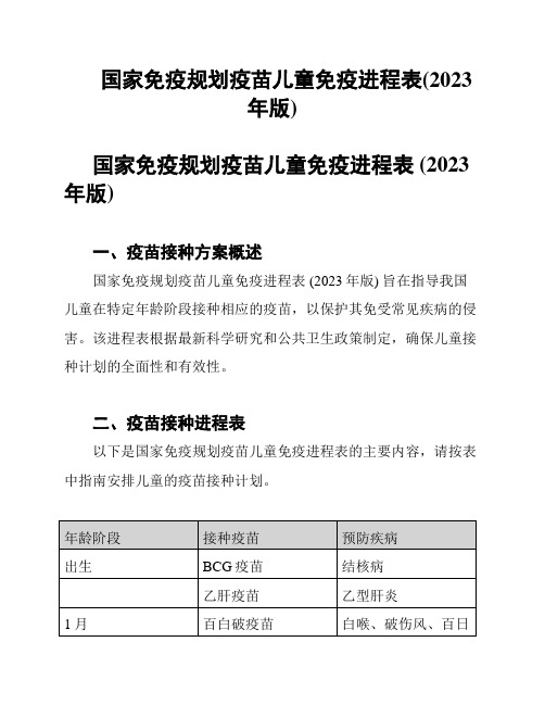 国家免疫规划疫苗儿童免疫进程表(2023年版)