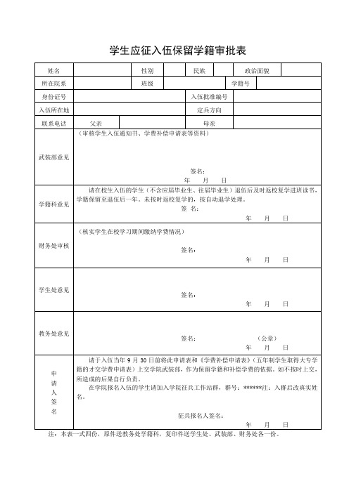 学生应征入伍保留学籍审批表