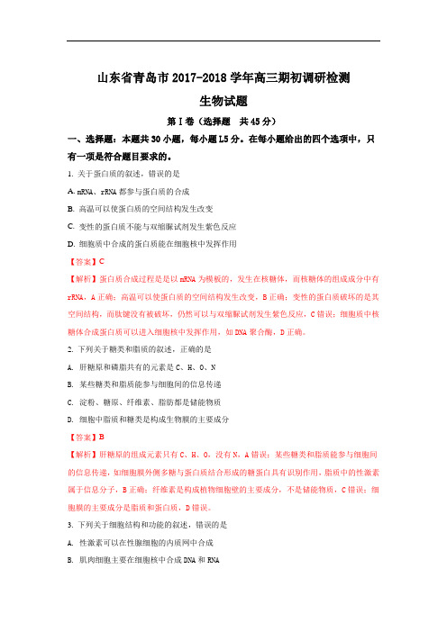 山东省青岛市2018届高三期初调研检测生物试题