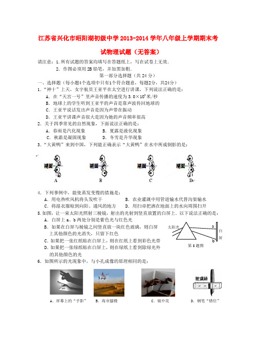 江苏省兴化市昭阳湖初级中学八年级物理上学期期末考试试题(无答案)