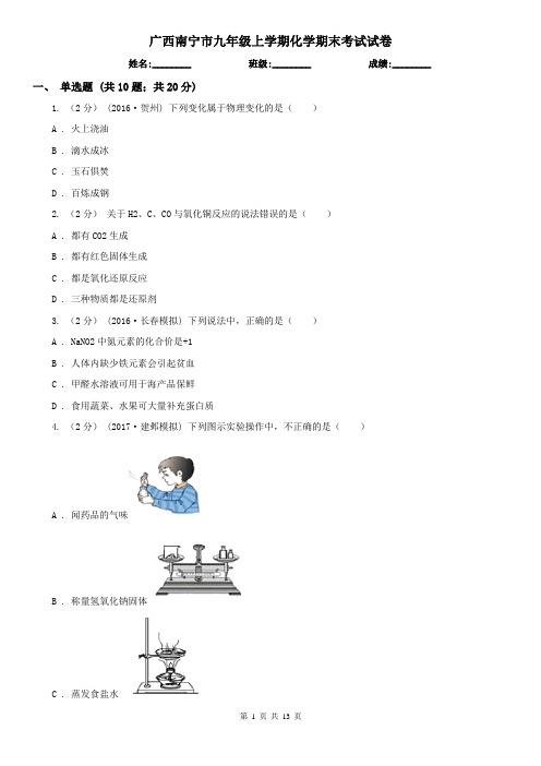 广西南宁市九年级上学期化学期末考试试卷