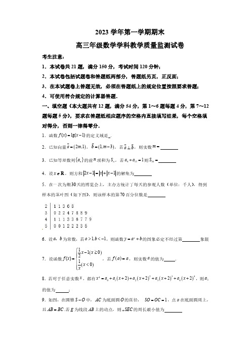 上海市宝山区2024届高三上学期期末教学质量监测(一模) 数学试题(含解析)