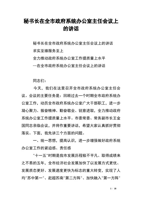 秘书长在全市政府系统办公室主任会议上的讲话