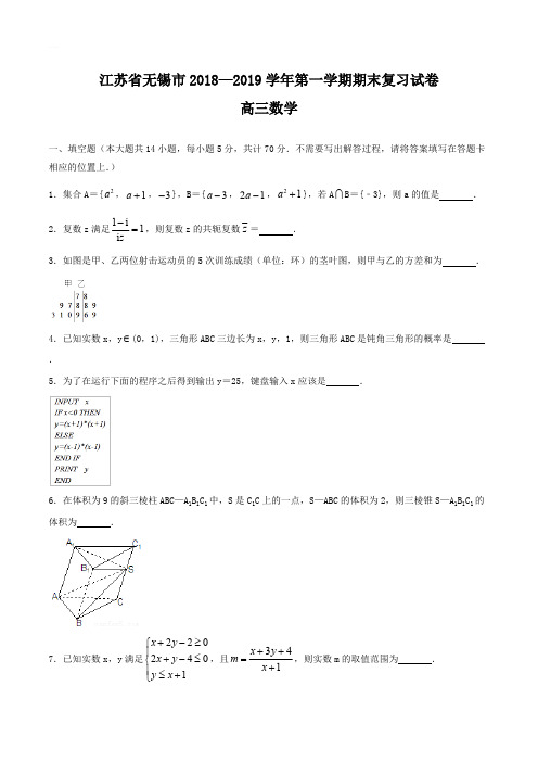 江苏省无锡市2018-2019学年高三第一学期期末复习数学试题含答案